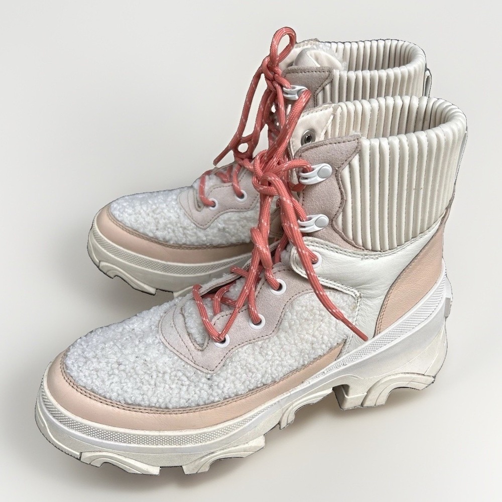Sorel Brex Cozy Boot Lace Chalk Pink Quartz Leather Shearling Platform Boots